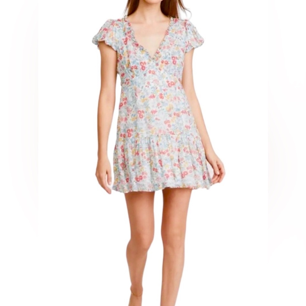 LoveShackFancy Russ Floral Cap Sleeve Ruffle V-Neck Flounce Hem Mini Dress, 6 S